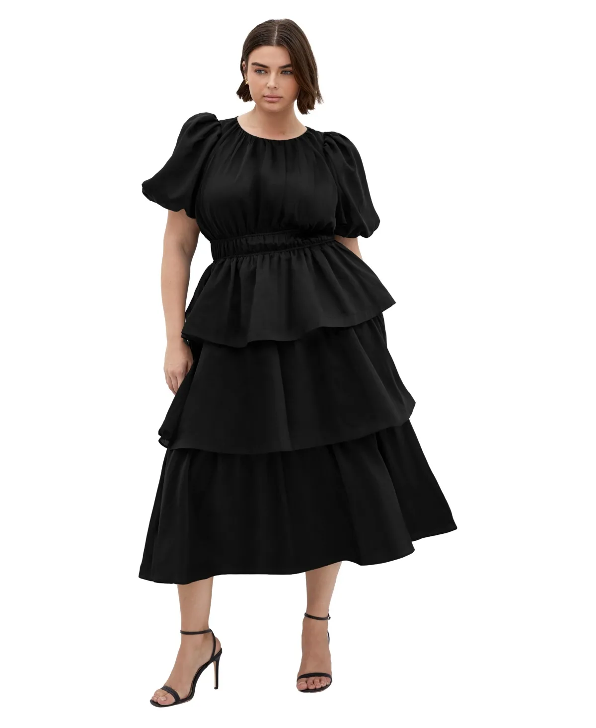 Heavenly Puff-Sleeve Maxi Ruffle Dress