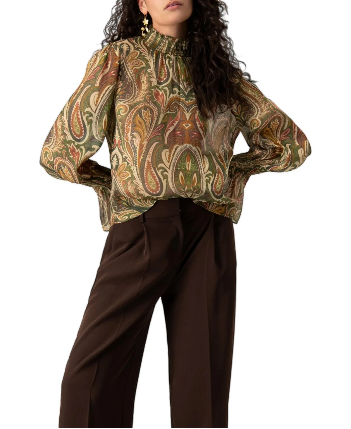 Paisley Print Gathered Mock-Neck Puff-Sleeve Blouse by Ivonne