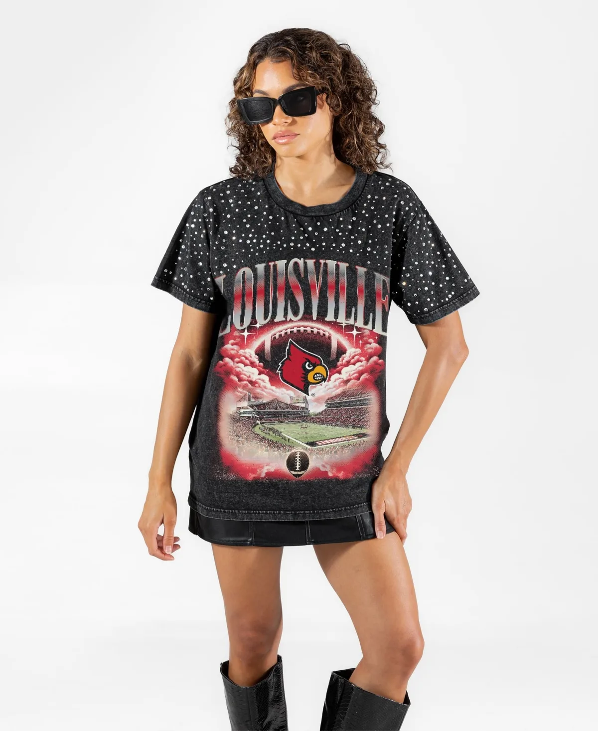 Louisville Cardinals Skys the Limit Washed Micro Rhinestone T-Shirt by Gameday Couture