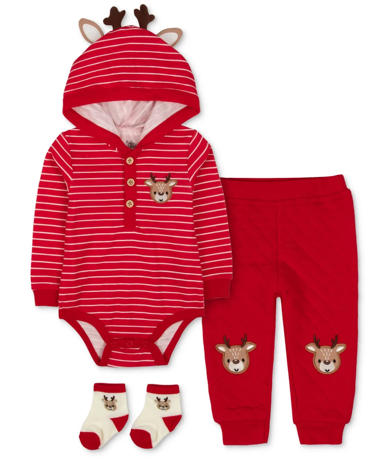 Reindeer Holiday Hooded Bodysuit, Pants, and Socks, 3-Piece Set by Baby Essentials