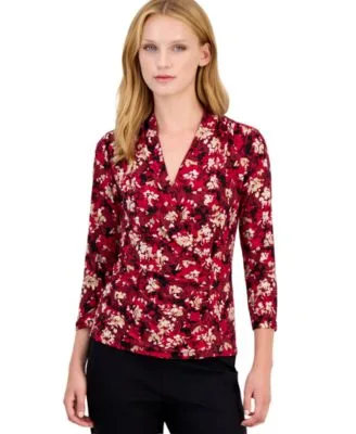 Faux Wrap 3/4 Sleeve V Neck Blouse by Anne Klein