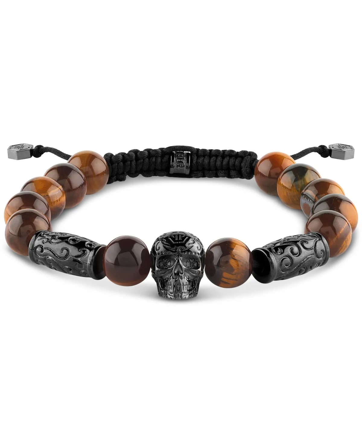 Elite Skull Tigers Eye Bead Bracelet in Gunmetal Ion-Plated Stainless Steel by Philipp Plein