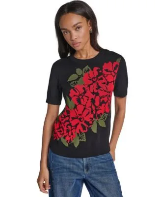 Short Sleeve Crewneck Rose Print Pullover Sweater by Karl Lagerfeld