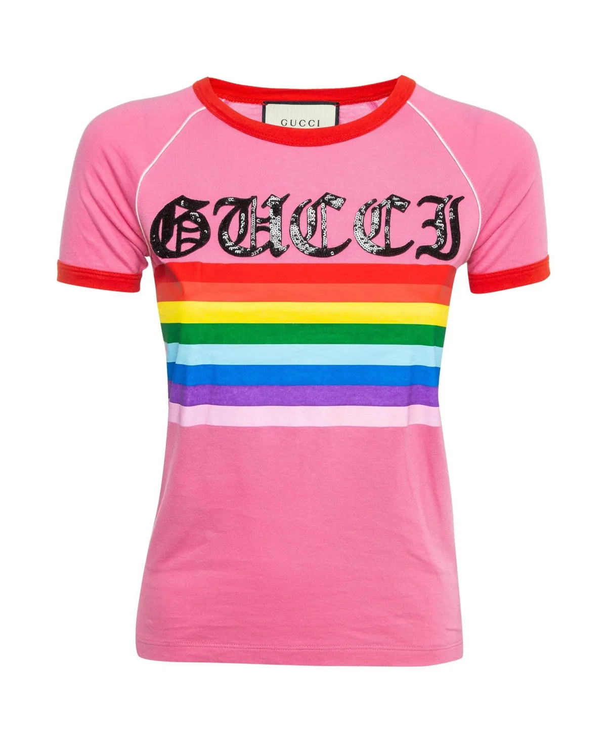 Pre-Owned Rainbow Stripe Sequin Logo T-Shirt by Gucci