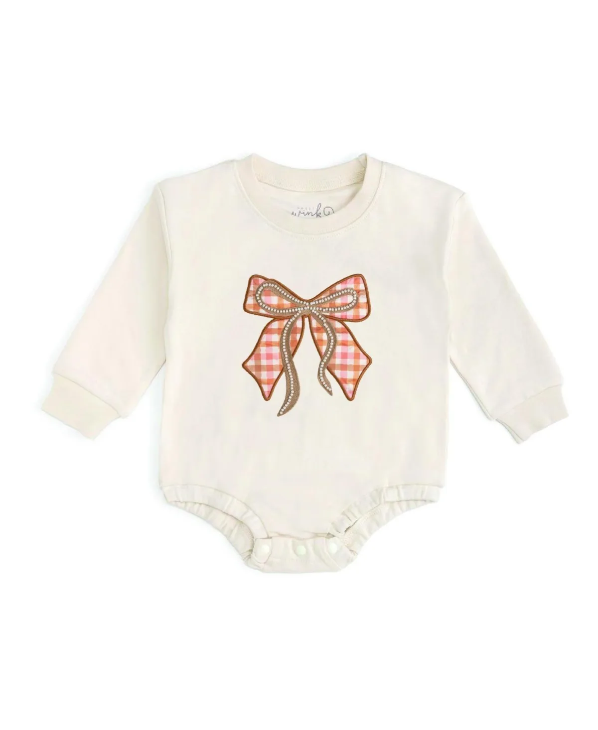 Plaid Bow Patch Long-Sleeve Romper by Sweet Wink