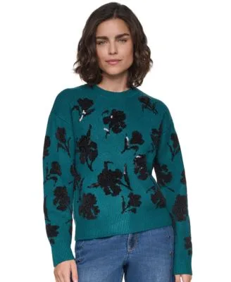 Floral Sequin Crewneck Pullover Sweater