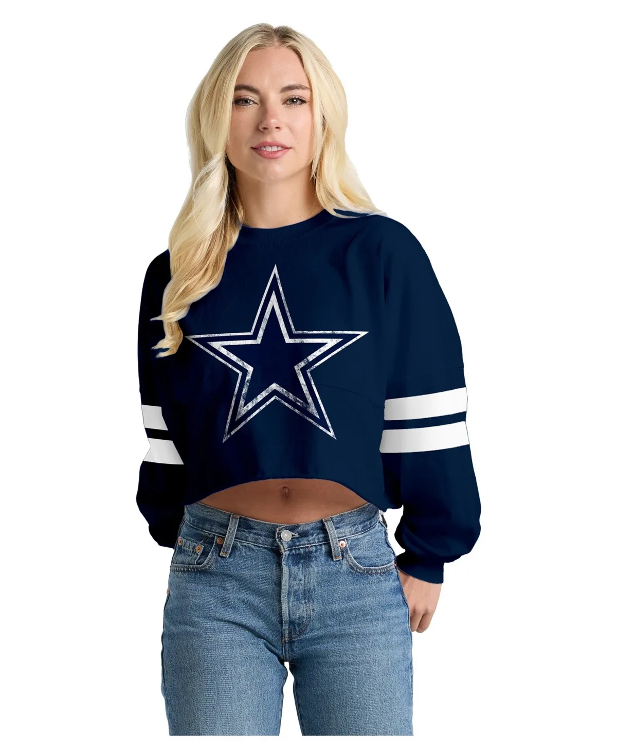 Dallas Cowboys Oversized Cropped Stripe Long Sleeve T-Shirt by Spirit Jersey