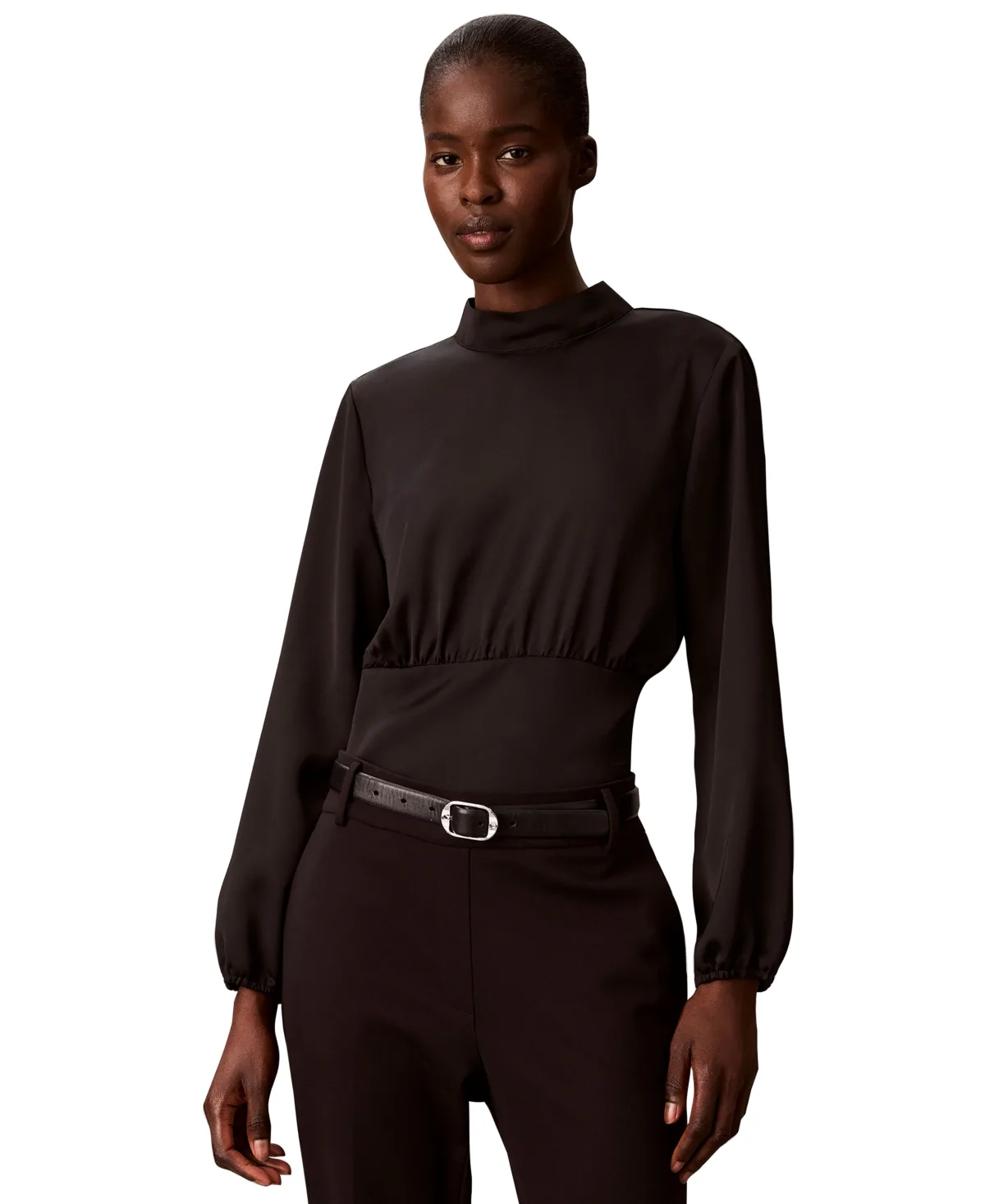 Smocked Waist Satin Mock Neck Long-Sleeve Blouse by Calvin Klein