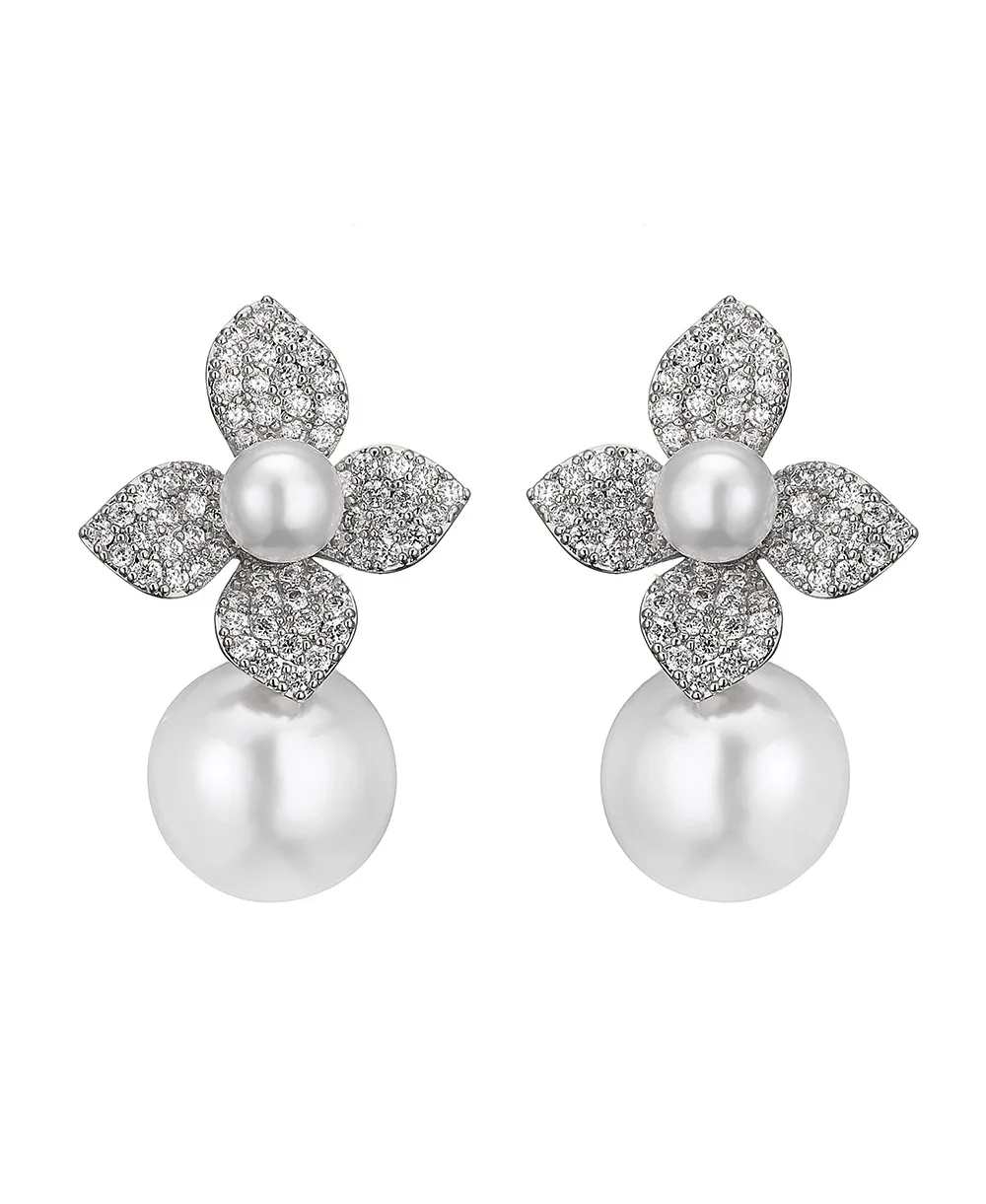 Crystal and Imitation Pearl Silver-Tone Magnolia Drop Earrings by Untamed Petals
