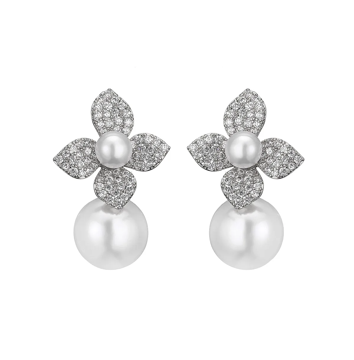 Crystal and Imitation Pearl Silver-Tone Magnolia Drop Earrings by Untamed Petals