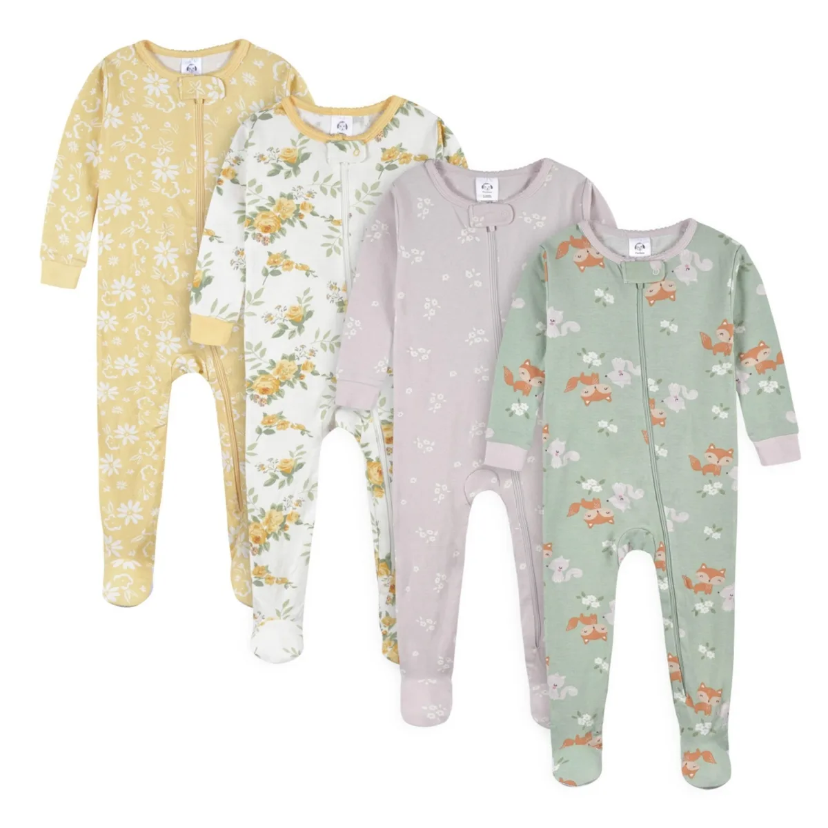 4-Pack Snug Fit Footed Cotton Pajamas, Apple & Woodland Floral by Gerber