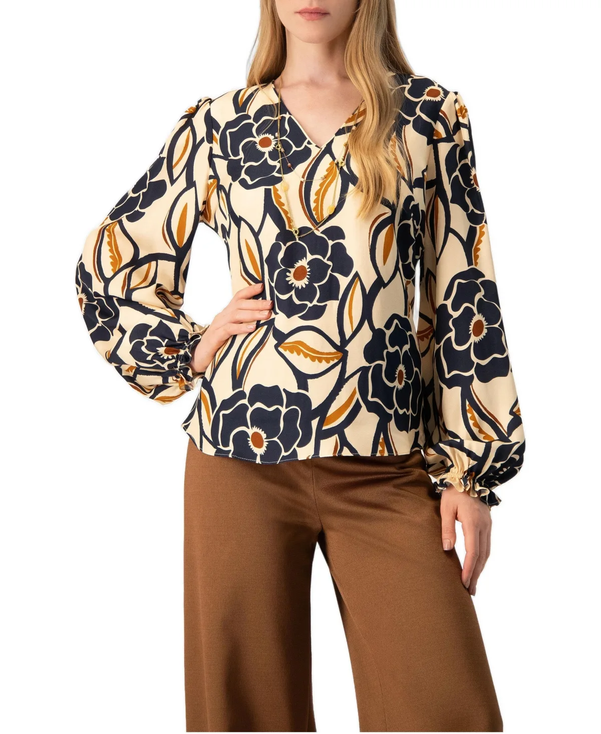 Floral Print Bishop-Sleeve Blouse by Ivonne