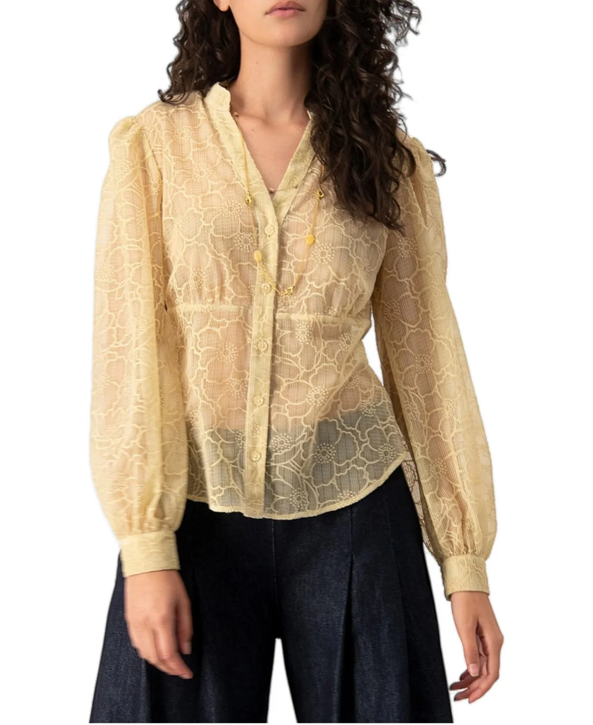 Sheer Floral Jacquard Puff-Sleeve Button-Front Blouse by Ivonne