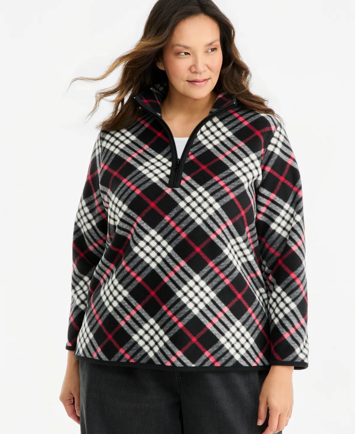 Mock-Neck Quarter-Zip Plaid Fleece Pullover Sweatshirt