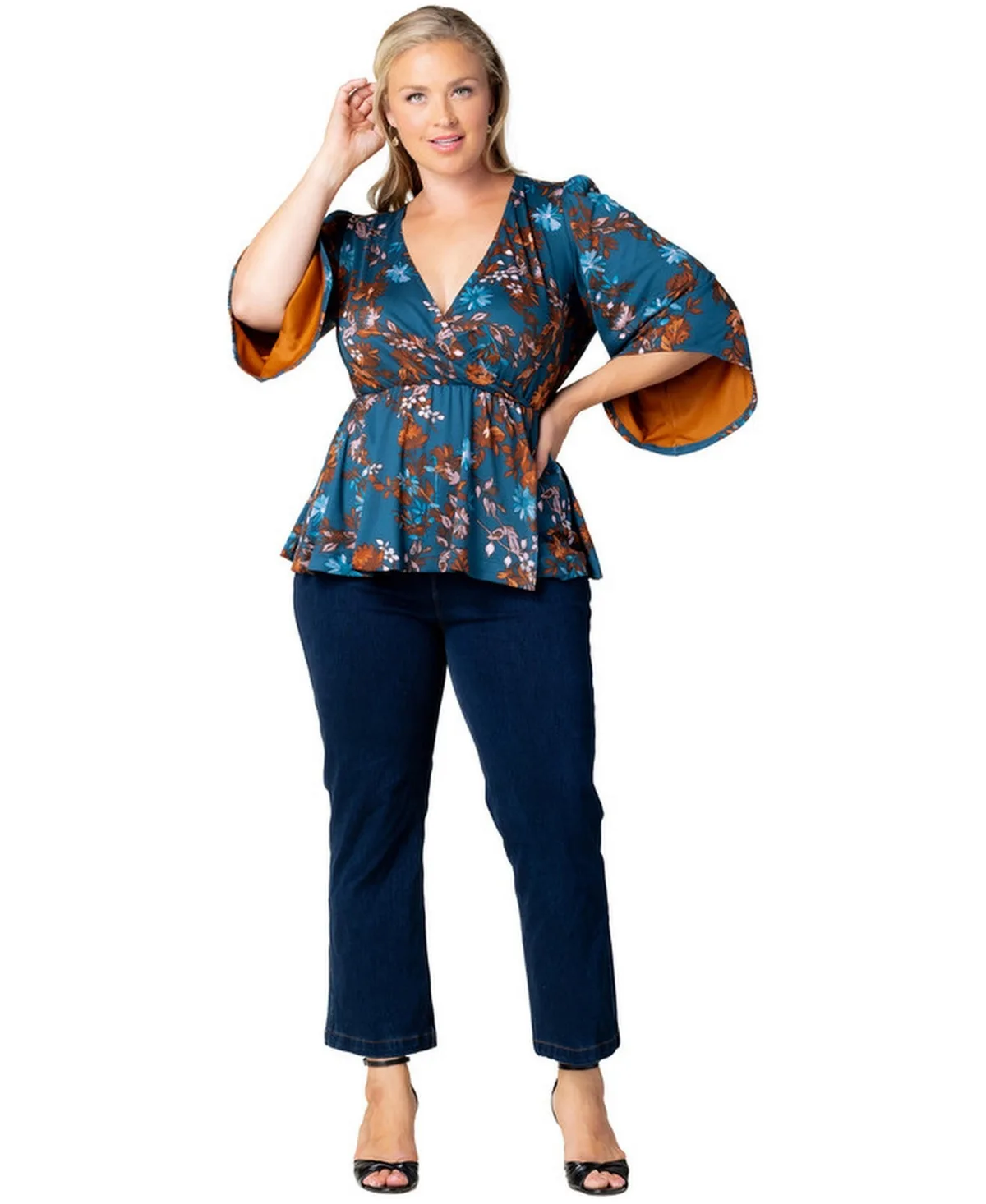 Priscilla Peplum 3/4-Sleeve Surplice V-Neckline Top by Kiyonna