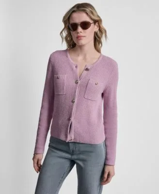 Long Sleeve Tuck Stitch Crewneck Cardigan by DKNY