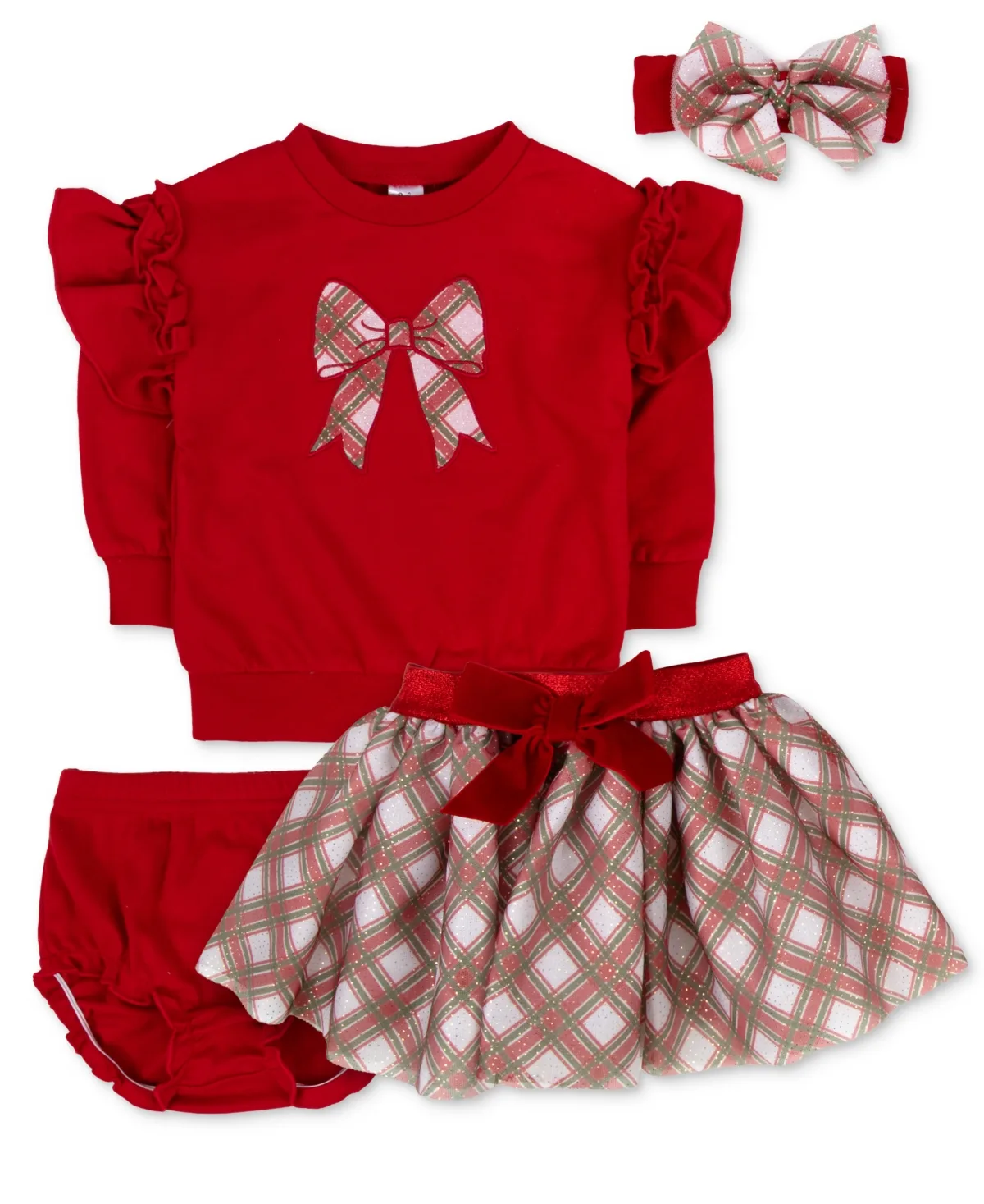 Plaid Bow Long-Sleeve Sweatshirt and Skirt, 4-Piece Set by Baby Essentials