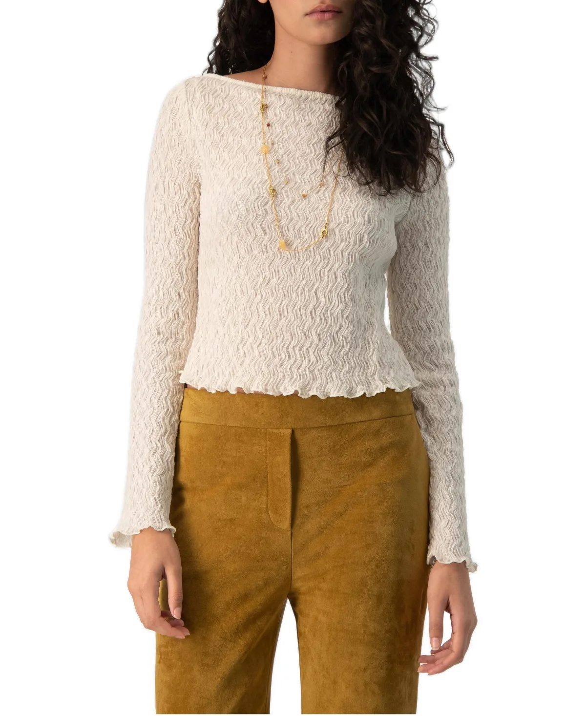 Crinkle-Knit Bateau-Neck Long-Sleeve Fitted Top by Ivonne