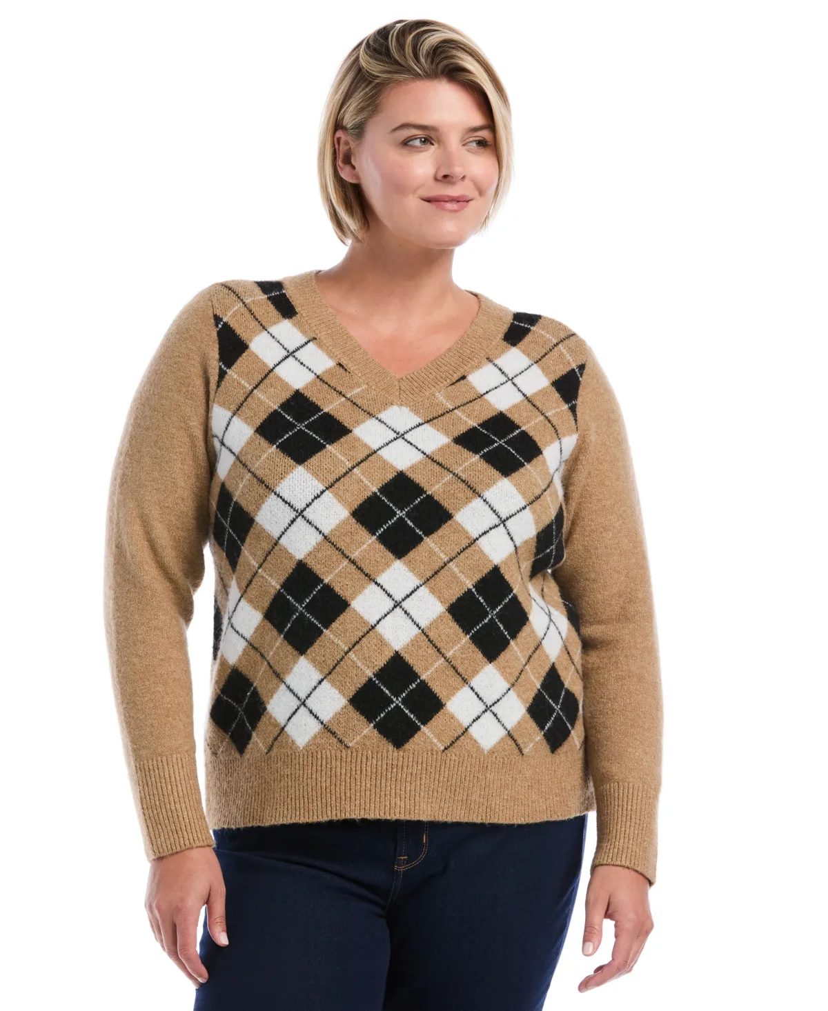 Argyle V-Neck Long-Sleeve Sweater by Rafaella