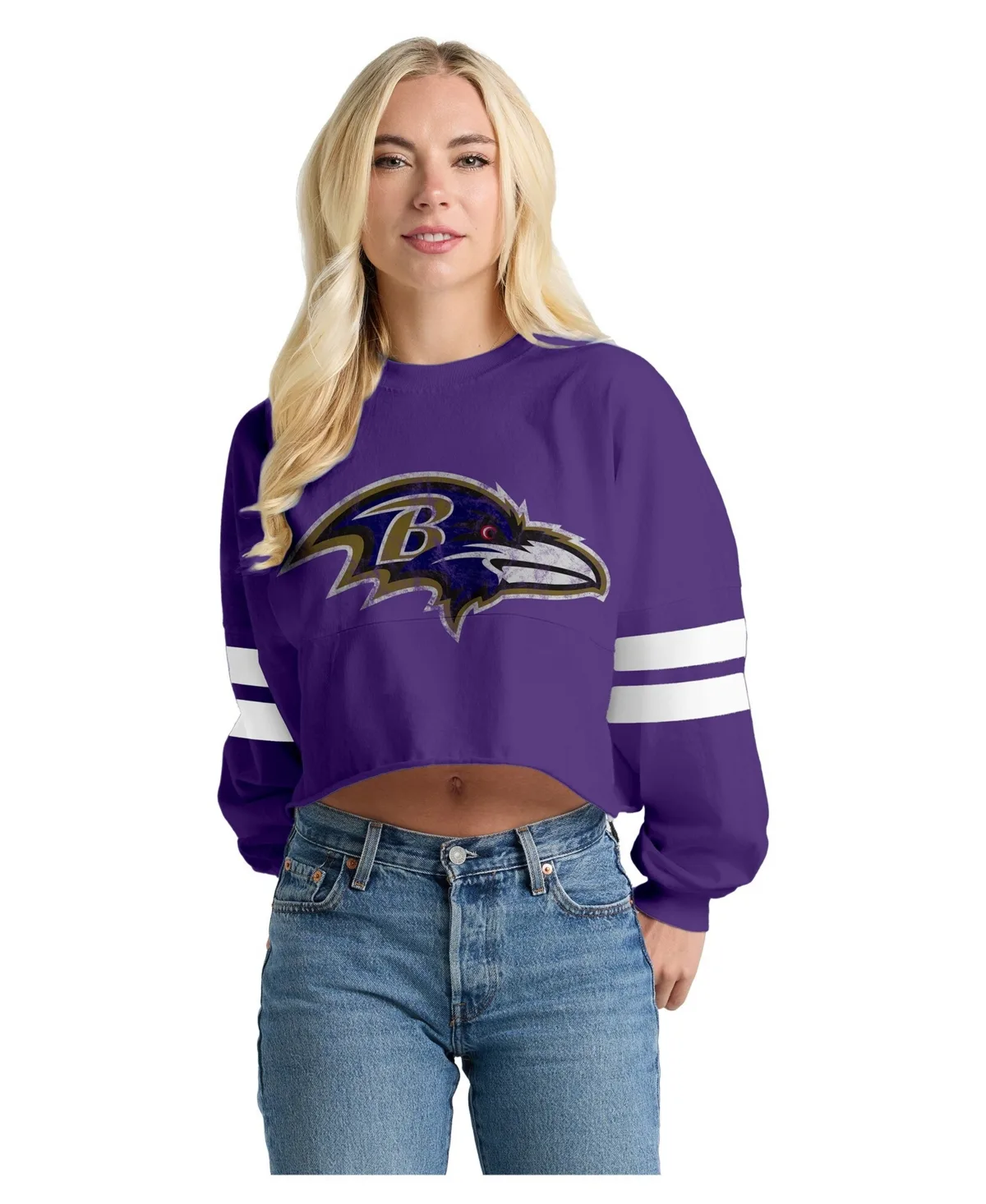 Baltimore Ravens Oversized Cropped Stripe Long Sleeve T-Shirt by Spirit Jersey