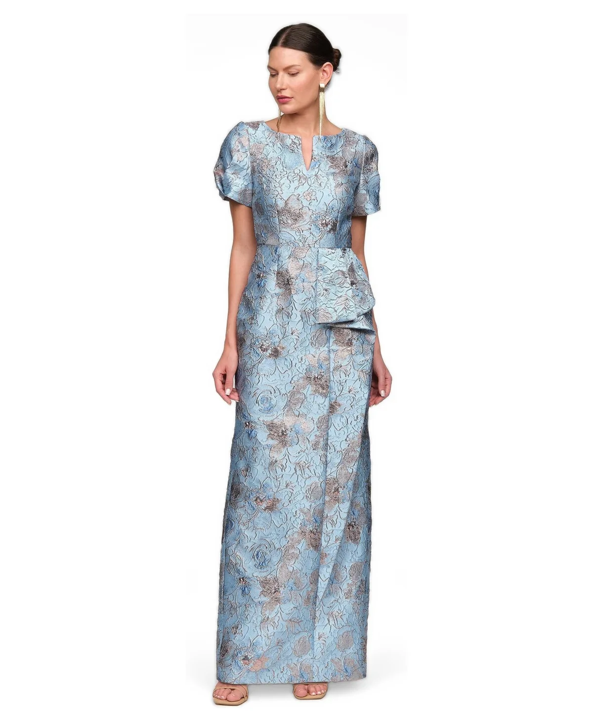 Daria Floral-Print Cascade Metallic Jacquard Gown by JS Collections