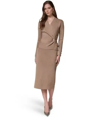 V Neck Long Sleeve Fitted Sweater Straight Knit Midi High Waisted Skirt by Donna Karan New York