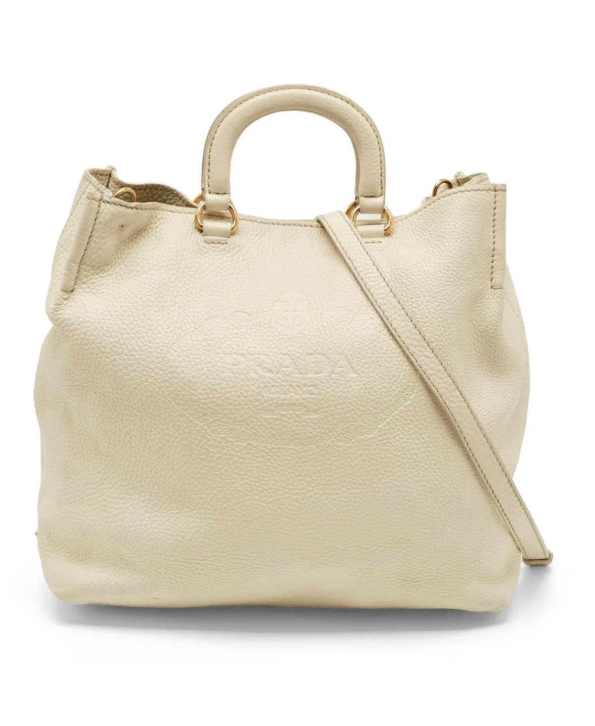 Pre-Owned Cream Grained Leather Logo Tote Bag by Prada