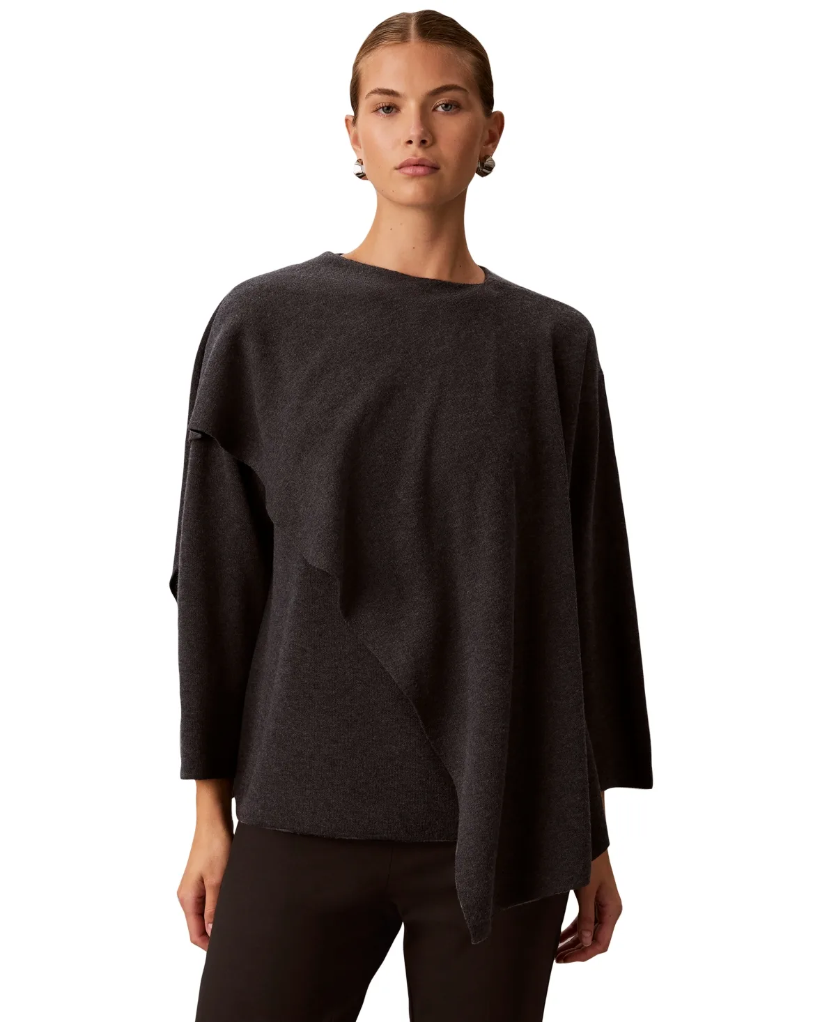 Asymmetrical Drape Crewneck Long-Sleeve Sweater