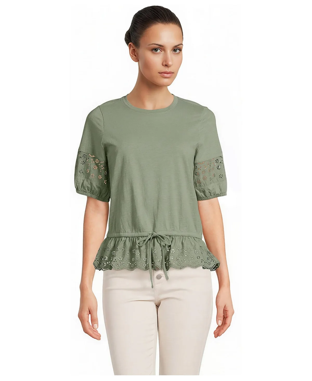 Elbow Sleeve Slub Lace Trim Adjustable Hem Top by Lands' End