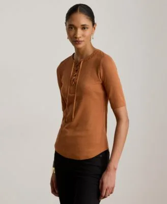 Lauren Ralph Lauren Crewneck Lace Up Ribbed Elbow Sleeve T Shirt by Ralph Lauren