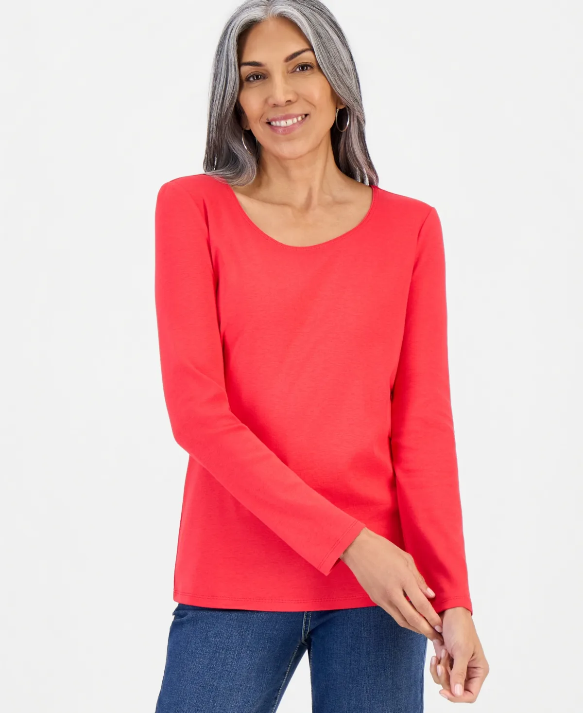 Cotton Long-Sleeve Scoop-Neck Top, Created for Macys