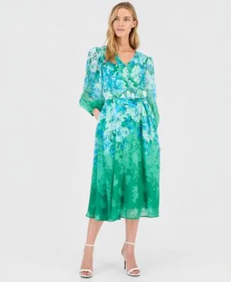 Tahari Asl Printed Long Sleeve Belted Dress by Tahari