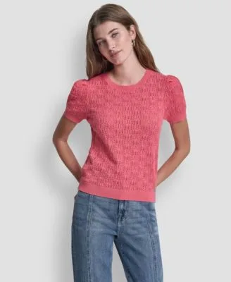 Jeans Short Sleeve Crew Neck Lace Pointelle Sweater by DKNY