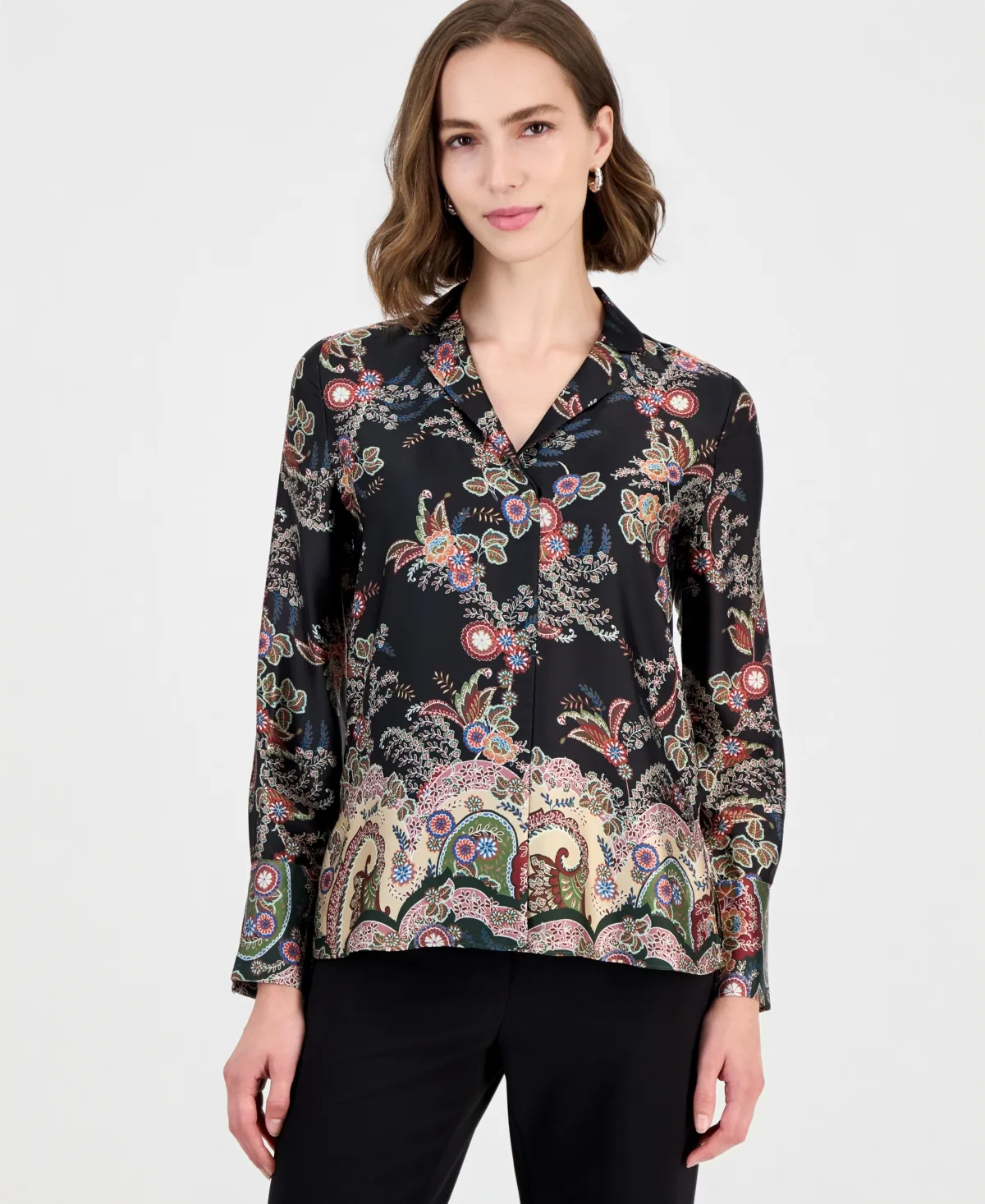 T Tahari Long-Sleeve Split-Collar Paisley-Print Blouse by Tahari