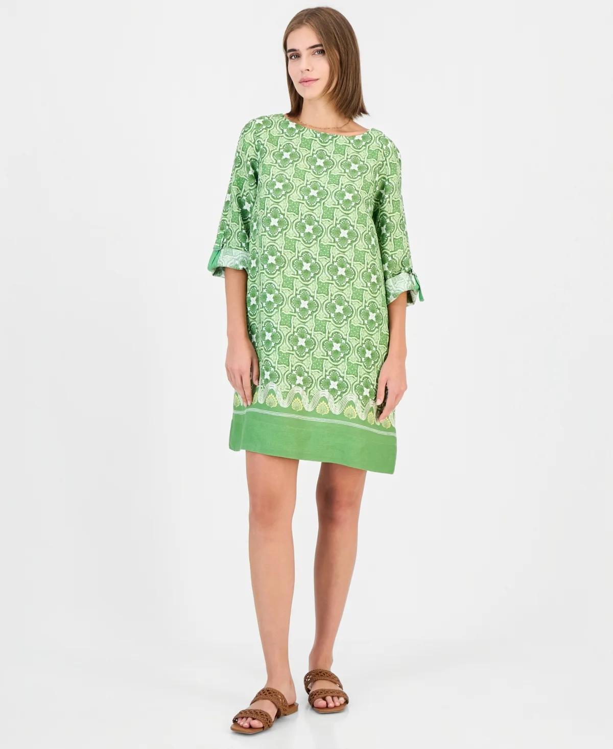 Scoop Neck 3/4-Sleeve with Roll-Tab 100% Linen Dress