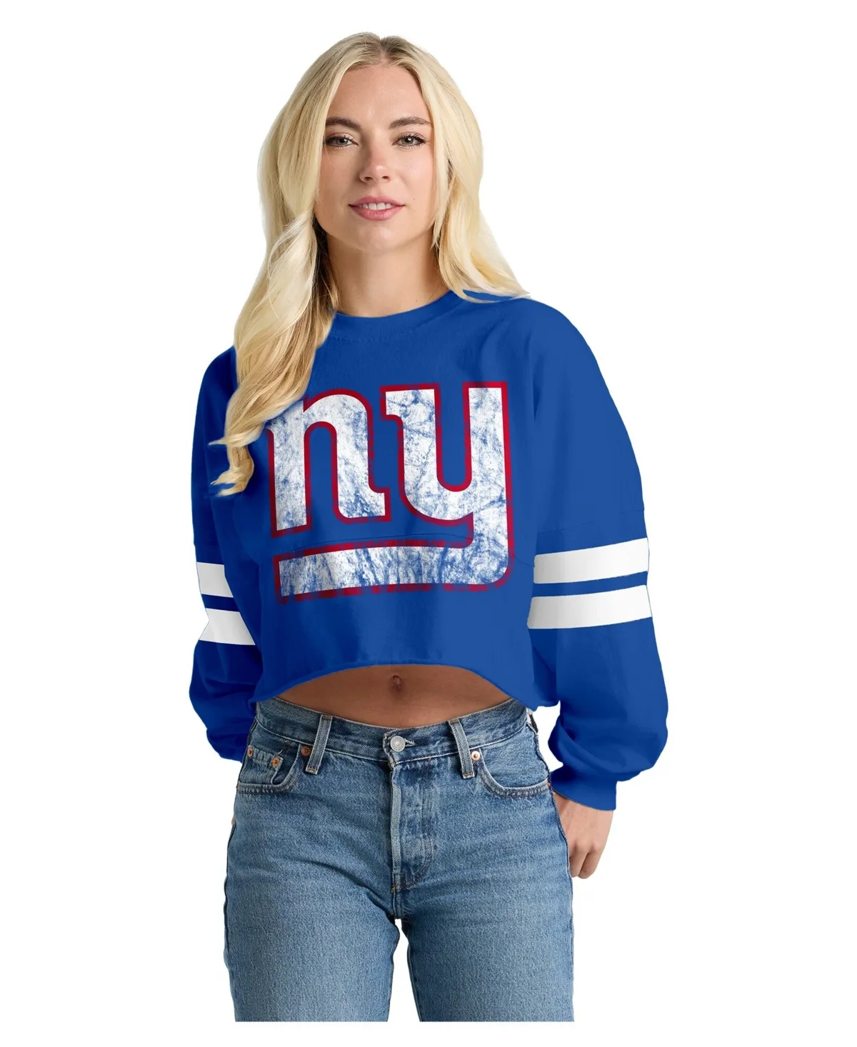 New York Giants Oversized Cropped Stripe Long Sleeve T-Shirt by Spirit Jersey