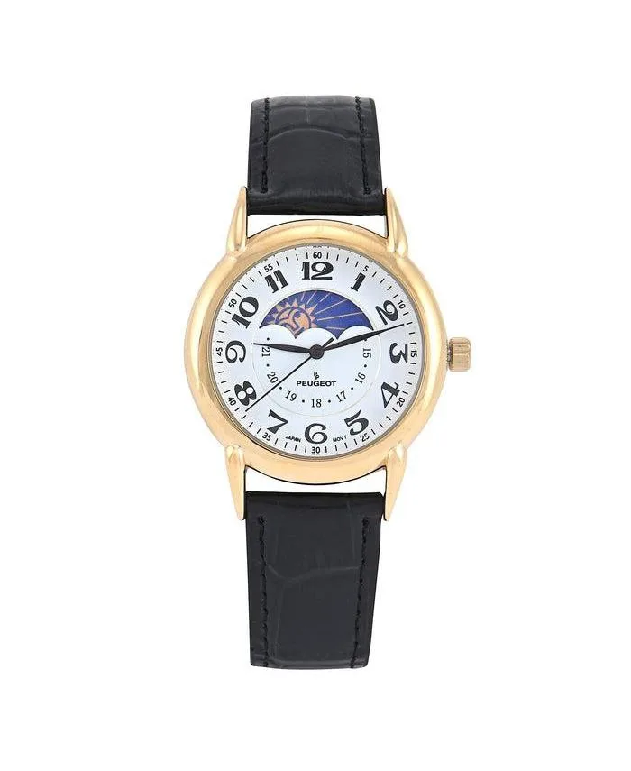 40mm Vintage White Dial Sun Moon Leather Strap Watch by Peugeot