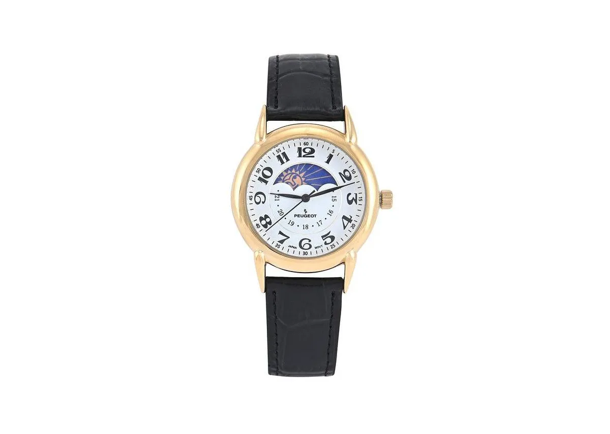 40mm Vintage White Dial Sun Moon Leather Strap Watch by Peugeot