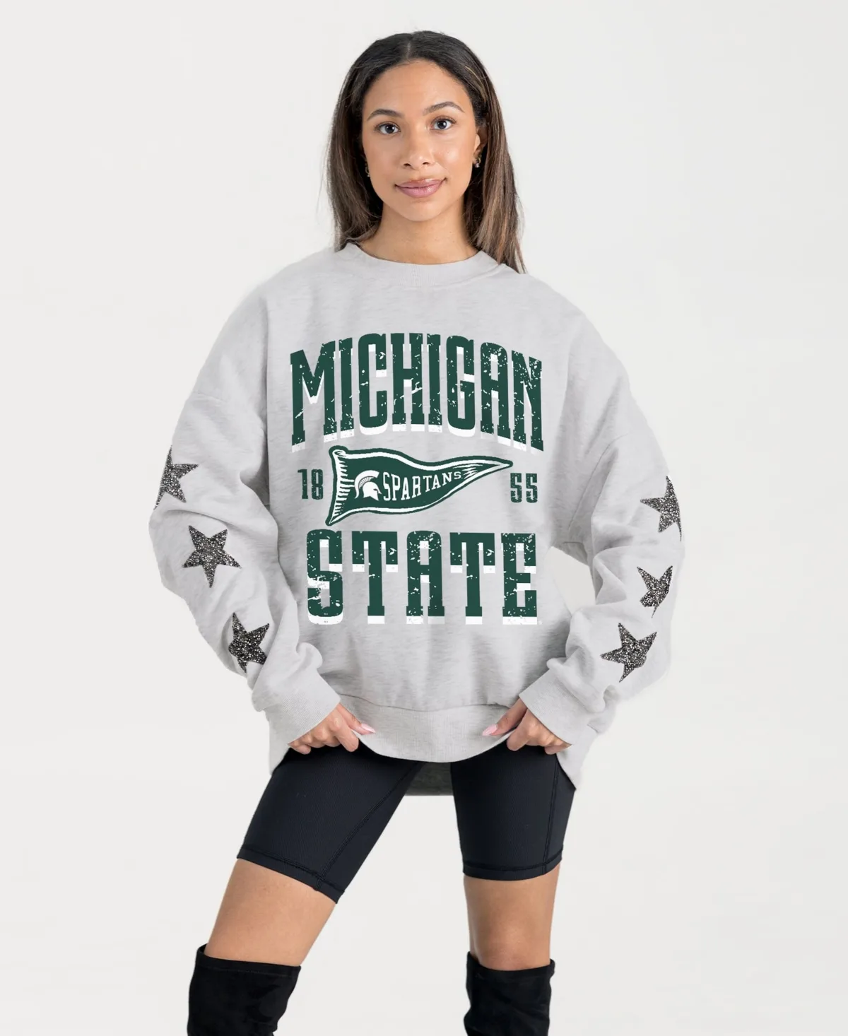 Michigan State Spartans Oversized Pennant Pride Rhinestone Star Sleeve Sweatshirt by Gameday Couture