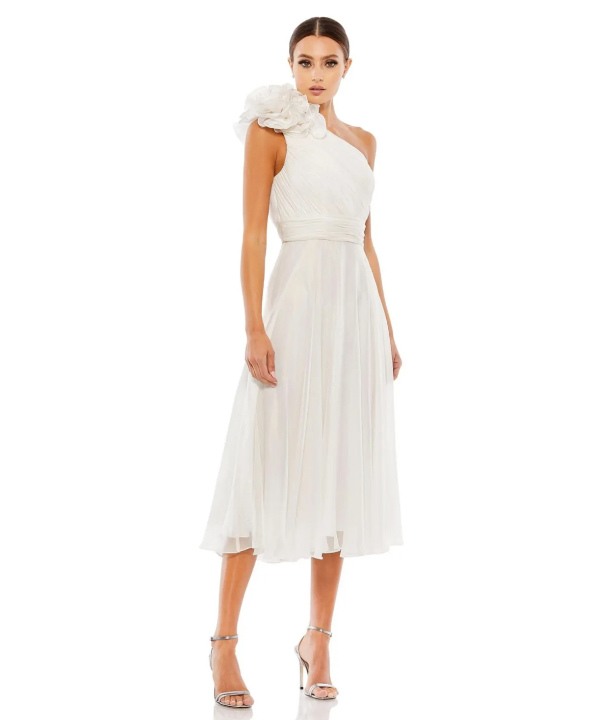 Mac Duggal Rosette One Shoulder Tea Length Dress by M.A.C.