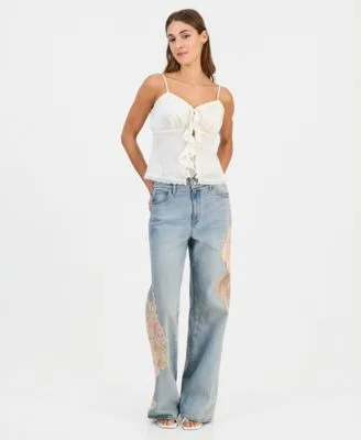 Sleeveless Saisha Babydoll Top Rey Floral Applique Wide Leg Jeans by GUESS