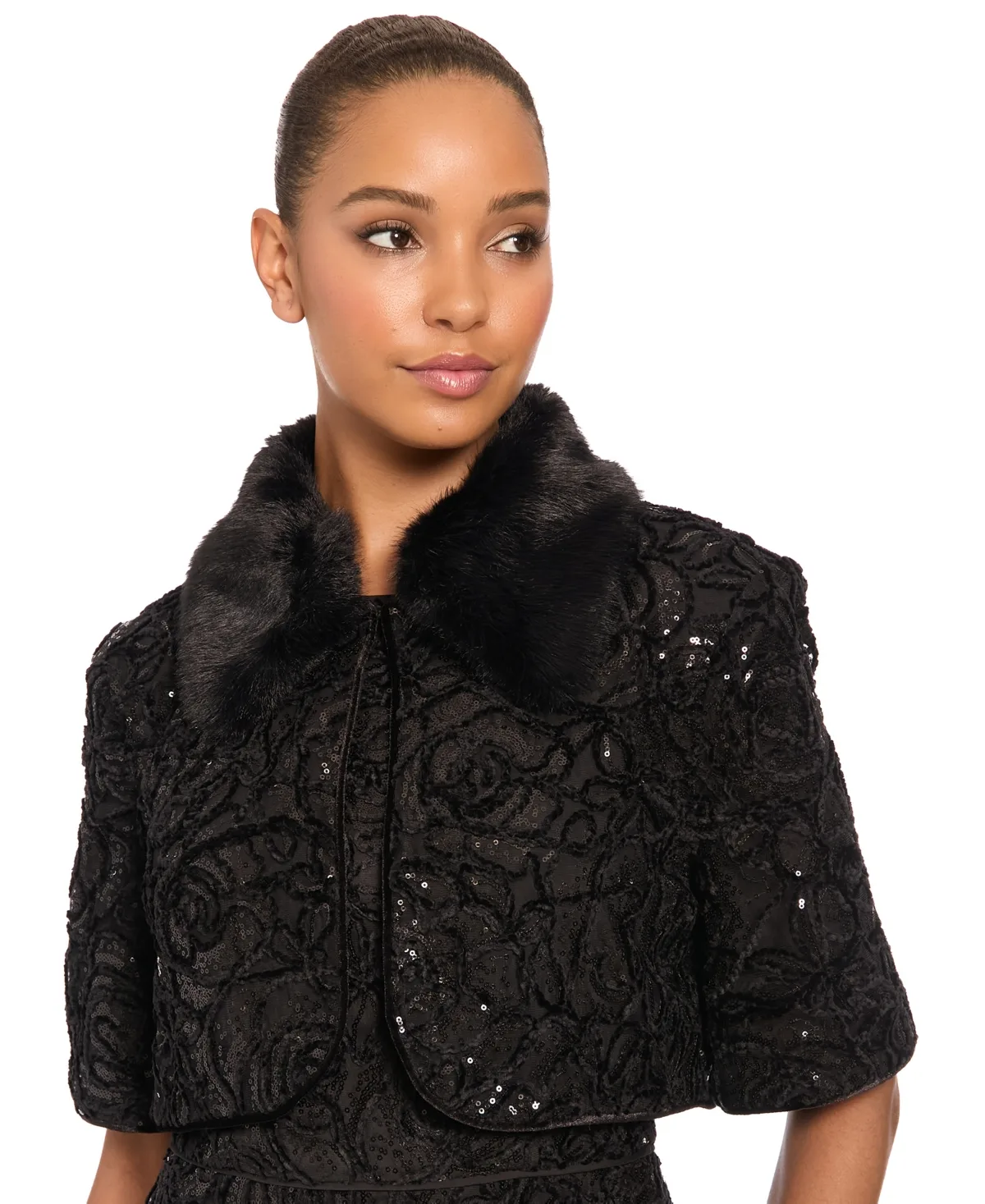 Cropped Sequin-Embellished Floral-Lace Shawl Collar Jacket by Maggy London