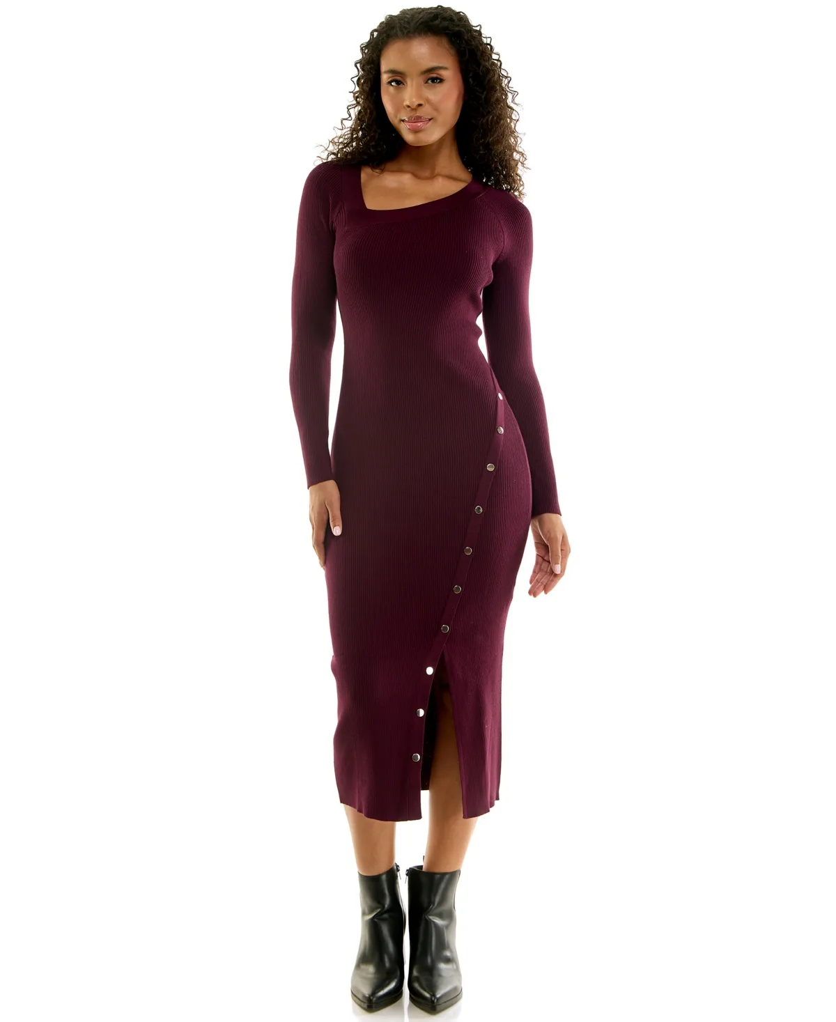 Square Neck Long Sleeve Midi Sweater Dress with Asymmetrical Button Detail