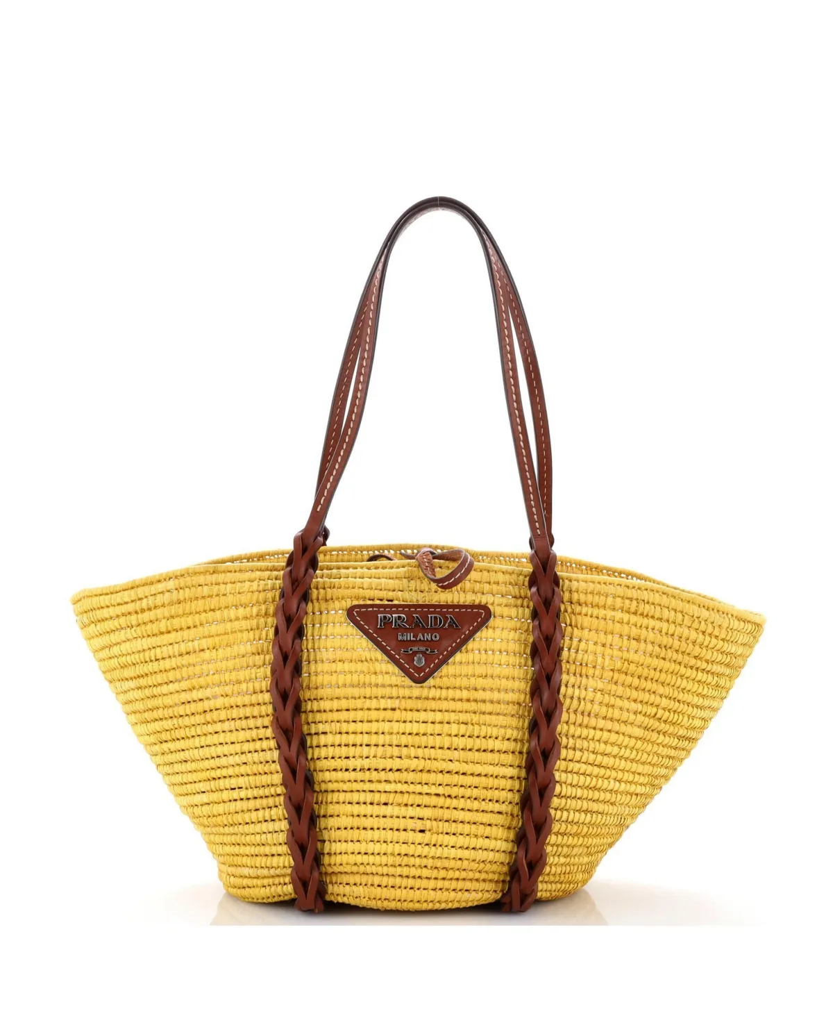Pre-Owned Medium Basket Tote Woven Raffia with Leather by Prada