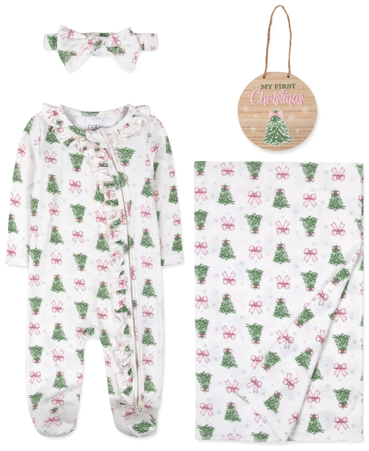 Holiday Long-Sleeve Footie, Blanket, Headband, and Milestone Sign, 4-Piece Set by Baby Essentials