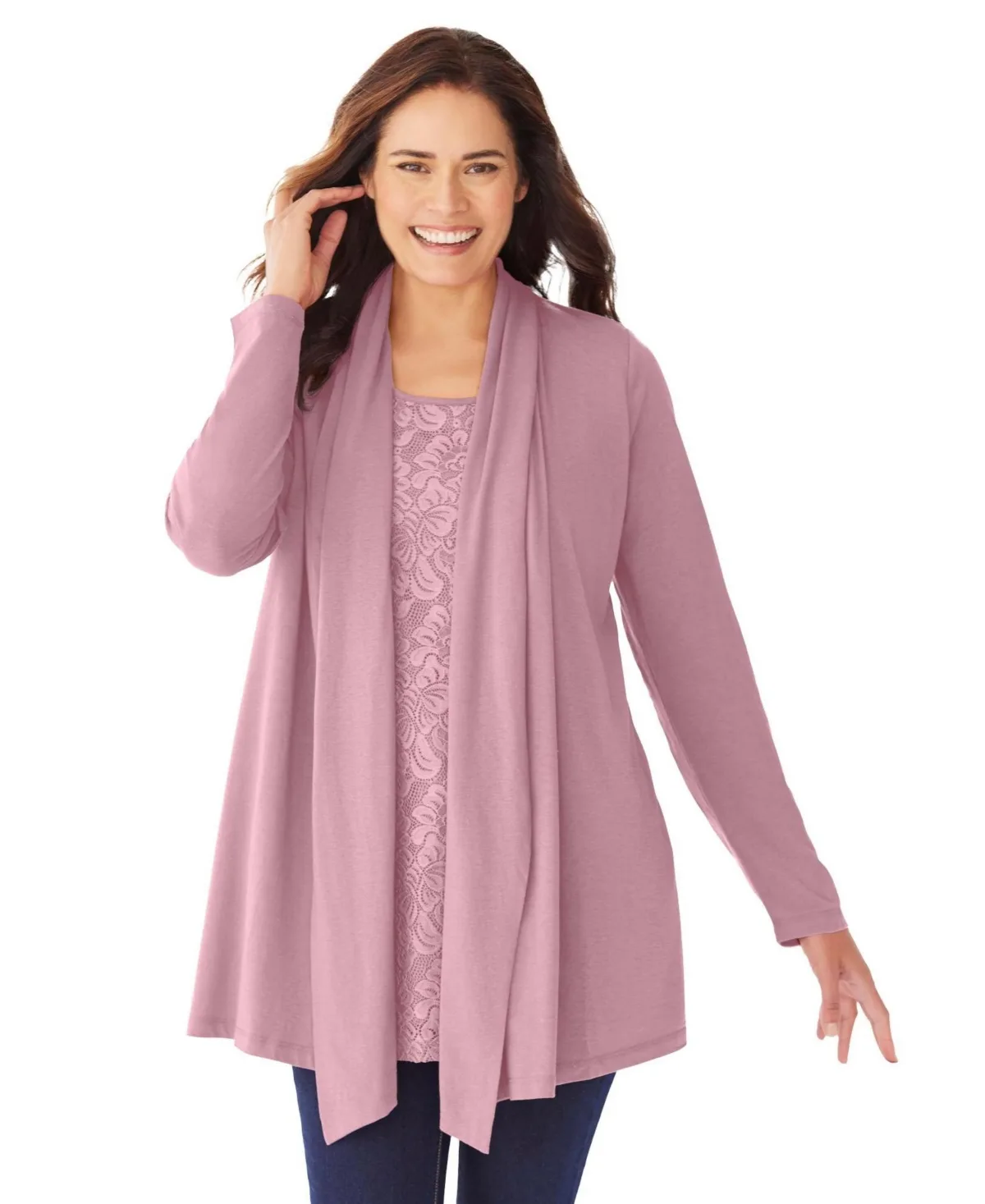 Within 2-Fer Cardigan & Attached Lace Tunic