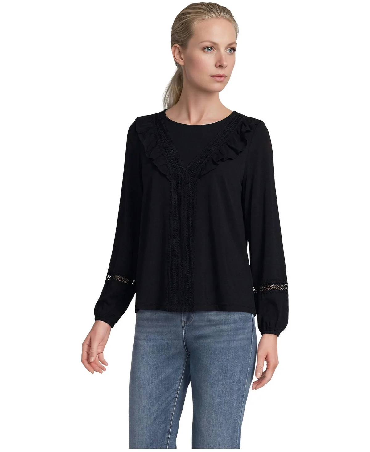 Long Sleeve Lightweight Jersey Crew Neck Lace Ruffle Blouse by Lands' End