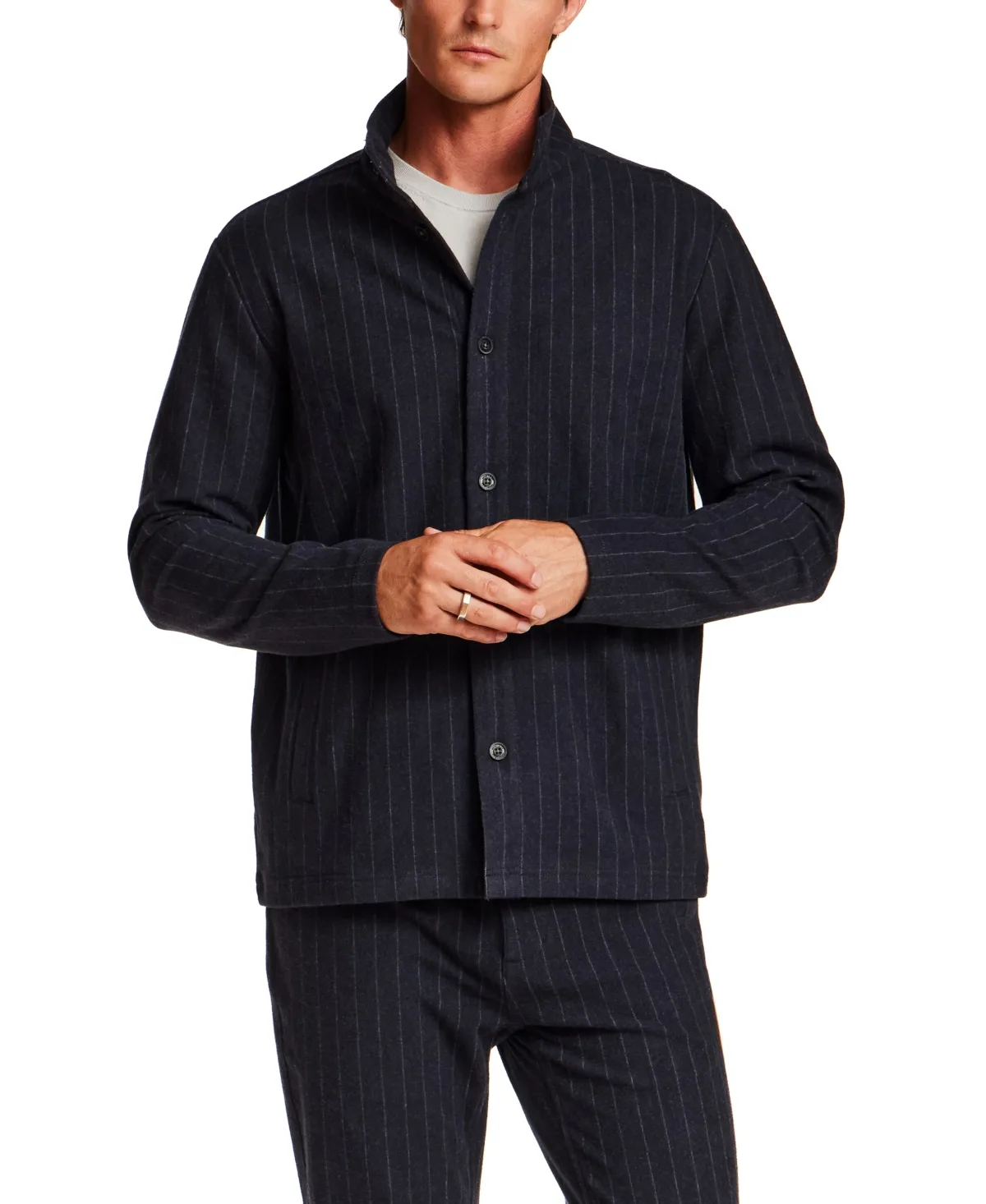 Pinstripe Coatfront Mock-Neck Regular-Fit Jacket by Vintage & Black
