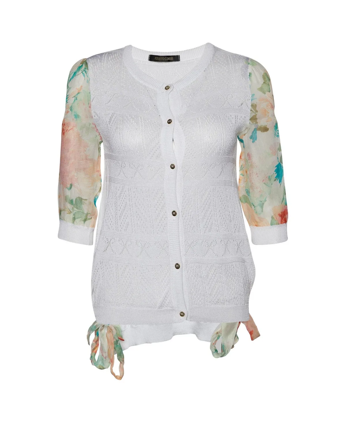 Pre-Owned Perforated Knit and Printed Silk Sleeve Cardigan by Roberto Cavalli