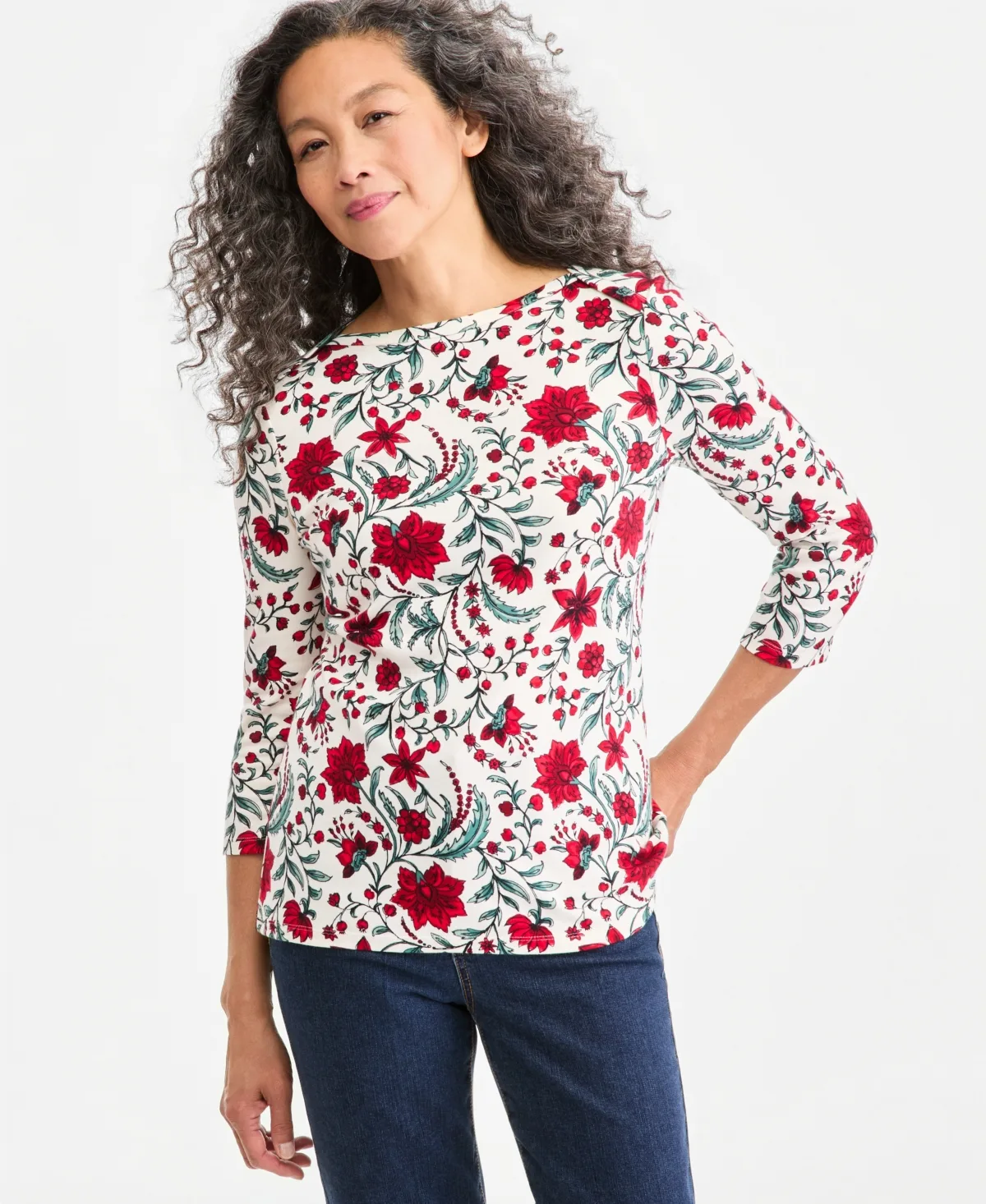 Printed Pima Cotton 3/4-Sleeve Top by Style & Co